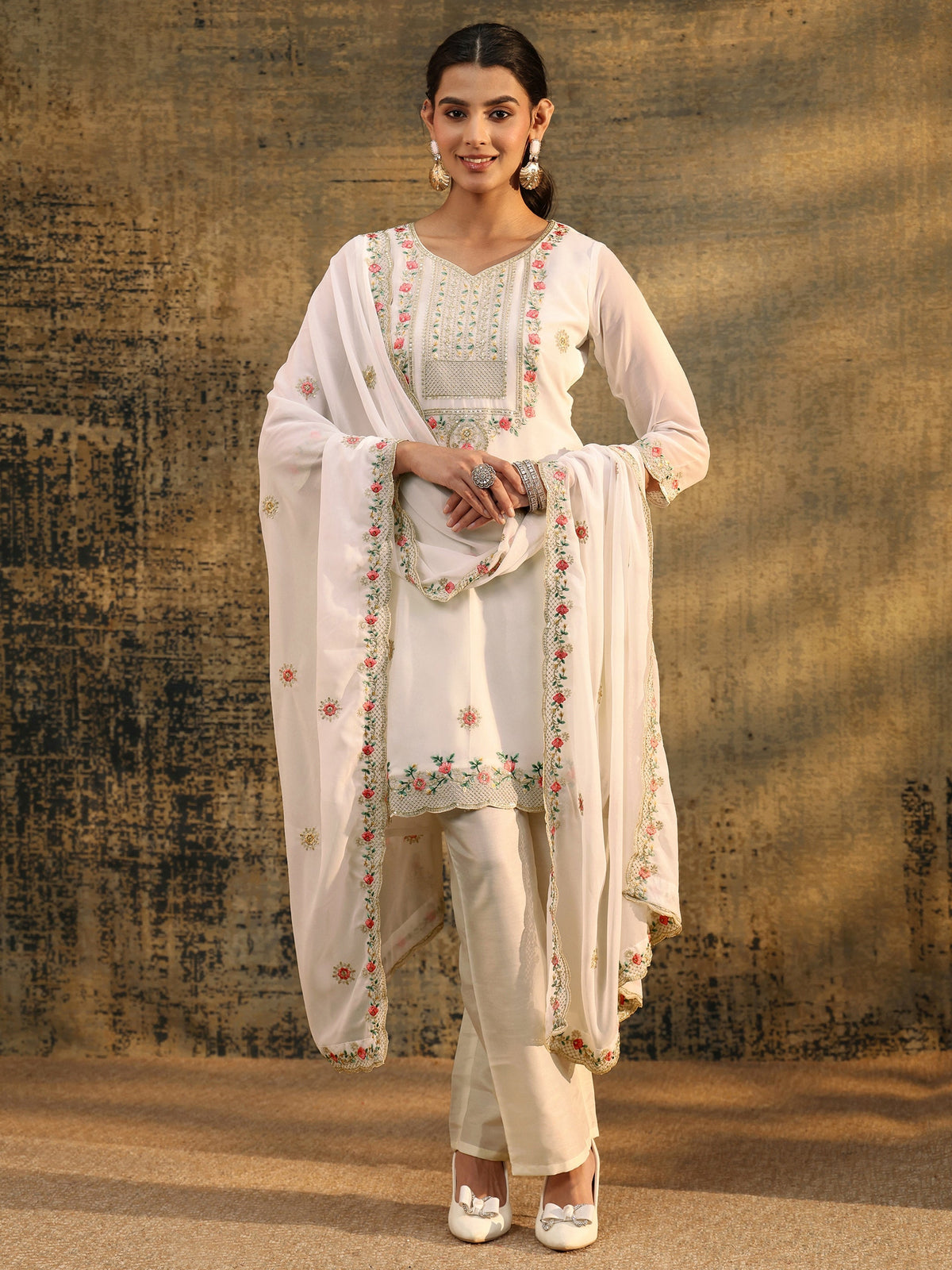 Anouk Snow White Floral Embroidered Georgette Straight Suit Set