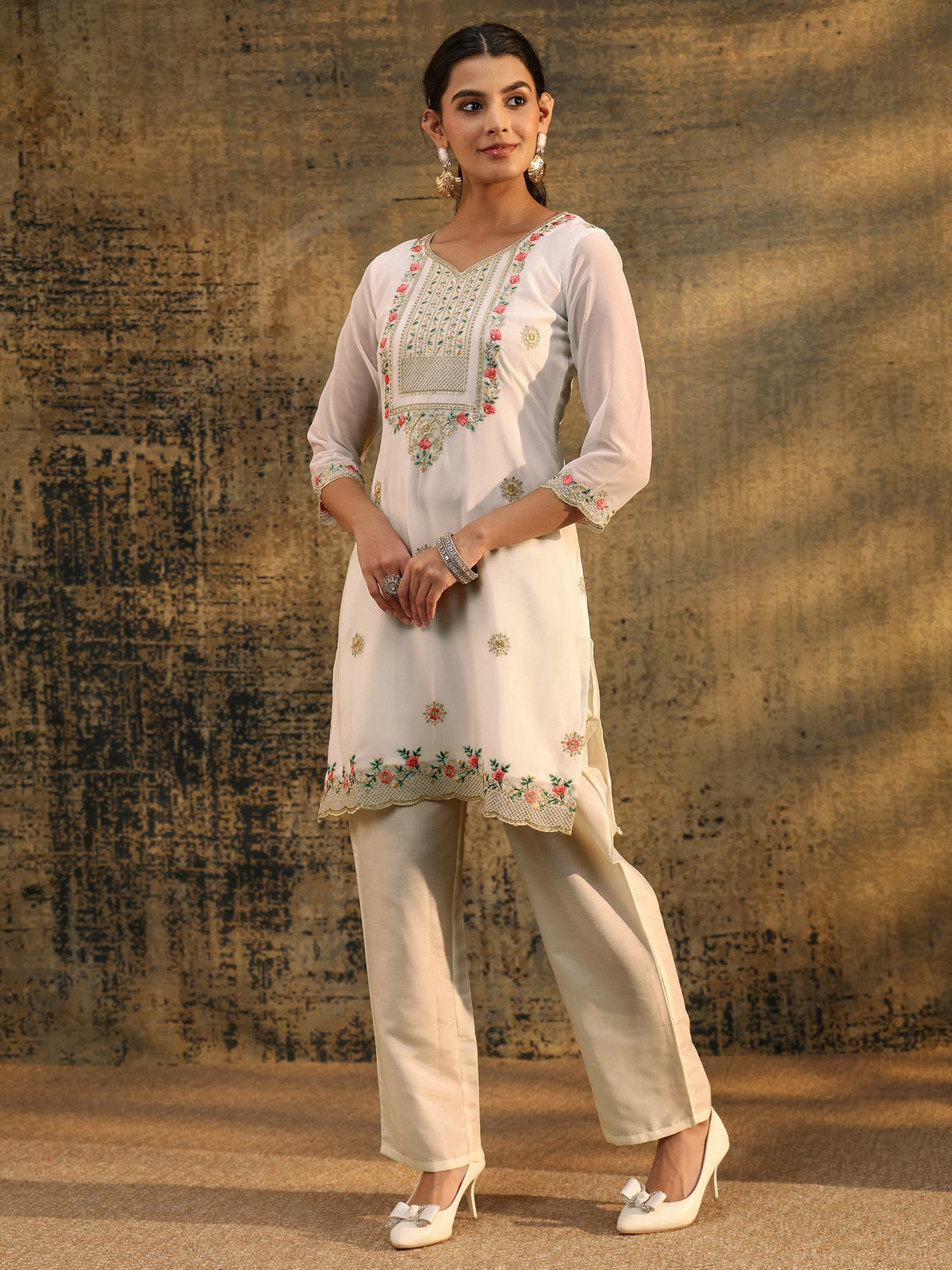 Anouk Snow White Floral Embroidered Georgette Straight Suit Set