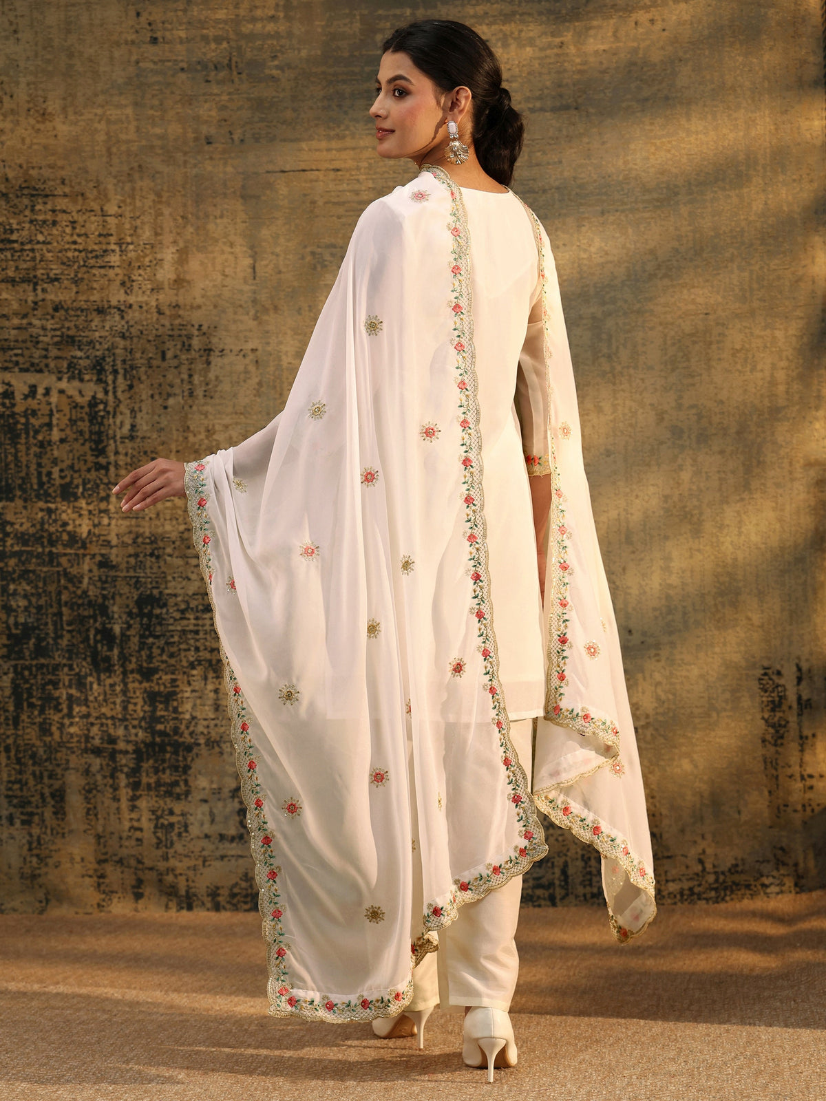 Anouk Snow White Floral Embroidered Georgette Straight Suit Set