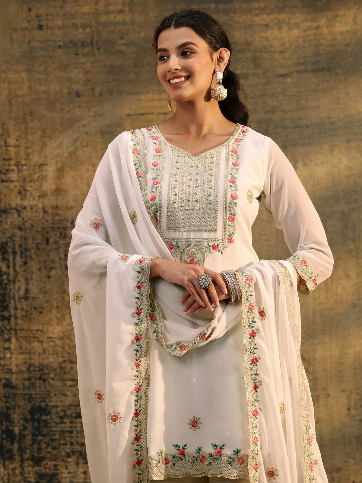 Anouk Snow White Floral Embroidered Georgette Straight Suit Set