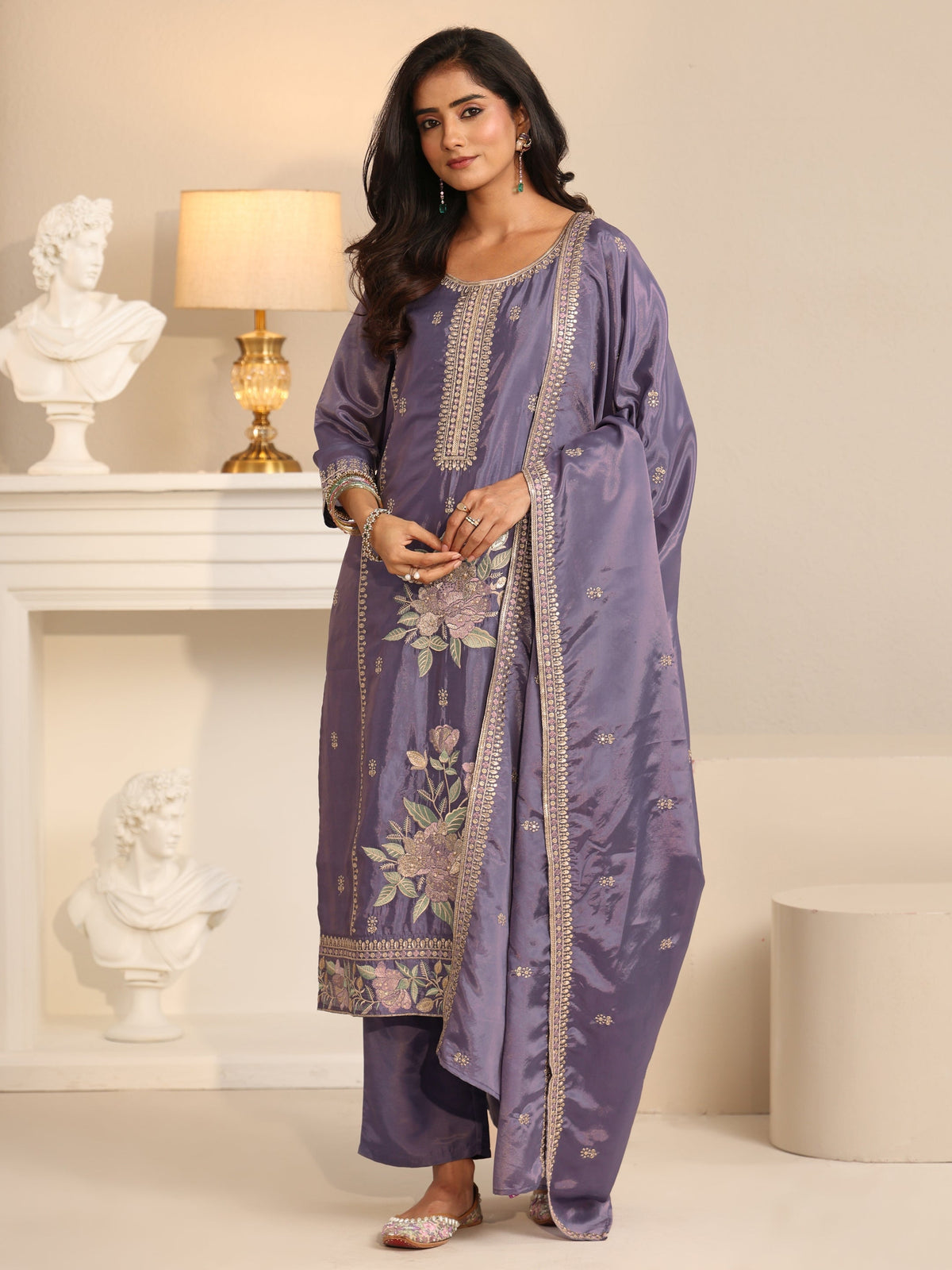 Anouk Deep Lavender Floral Embroidered Organza Straight Suit Set