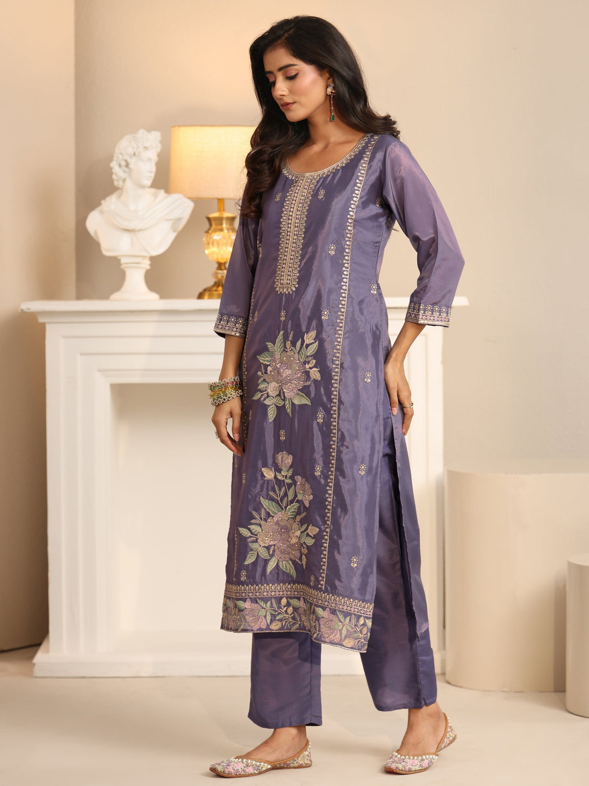 Anouk Deep Lavender Floral Embroidered Organza Straight Suit Set