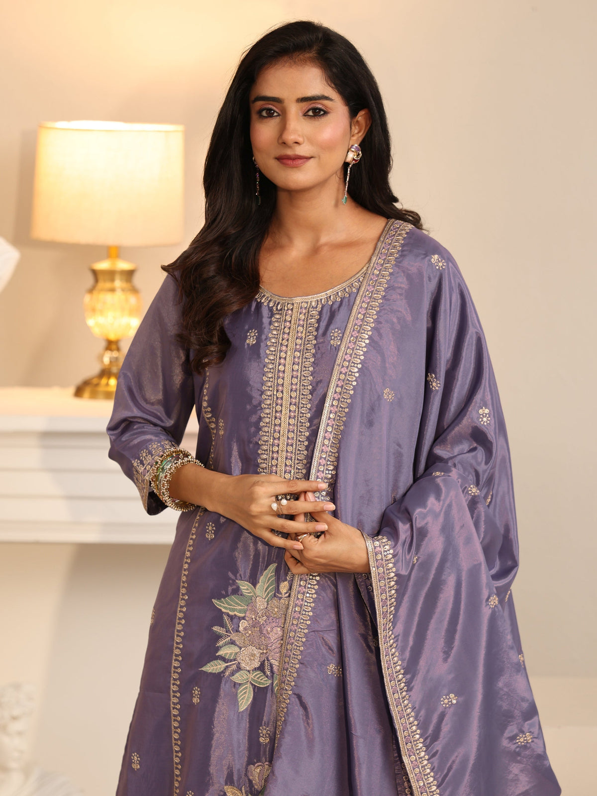 Anouk Deep Lavender Floral Embroidered Organza Straight Suit Set