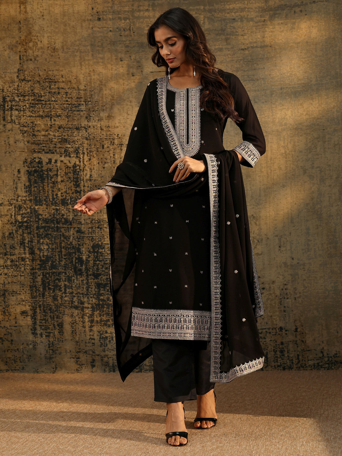 Anouk Black Sequins Embellished Georgette Straight Suit Set
