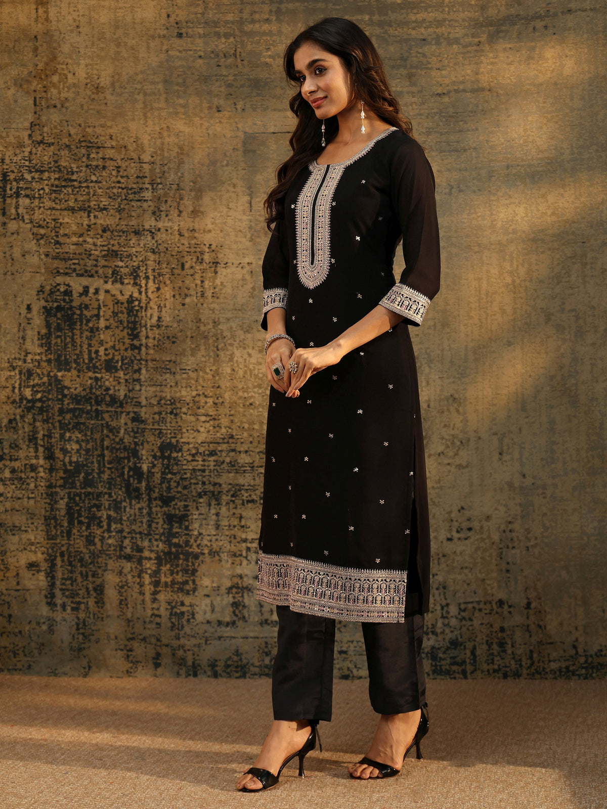 Anouk Black Sequins Embellished Georgette Straight Suit Set