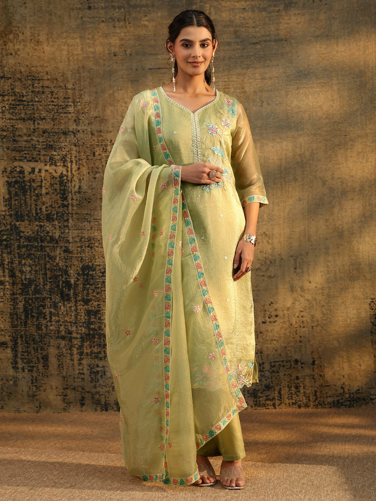 Anouk Light Olive Ethnic Embroidered Organza Straight Suit Set