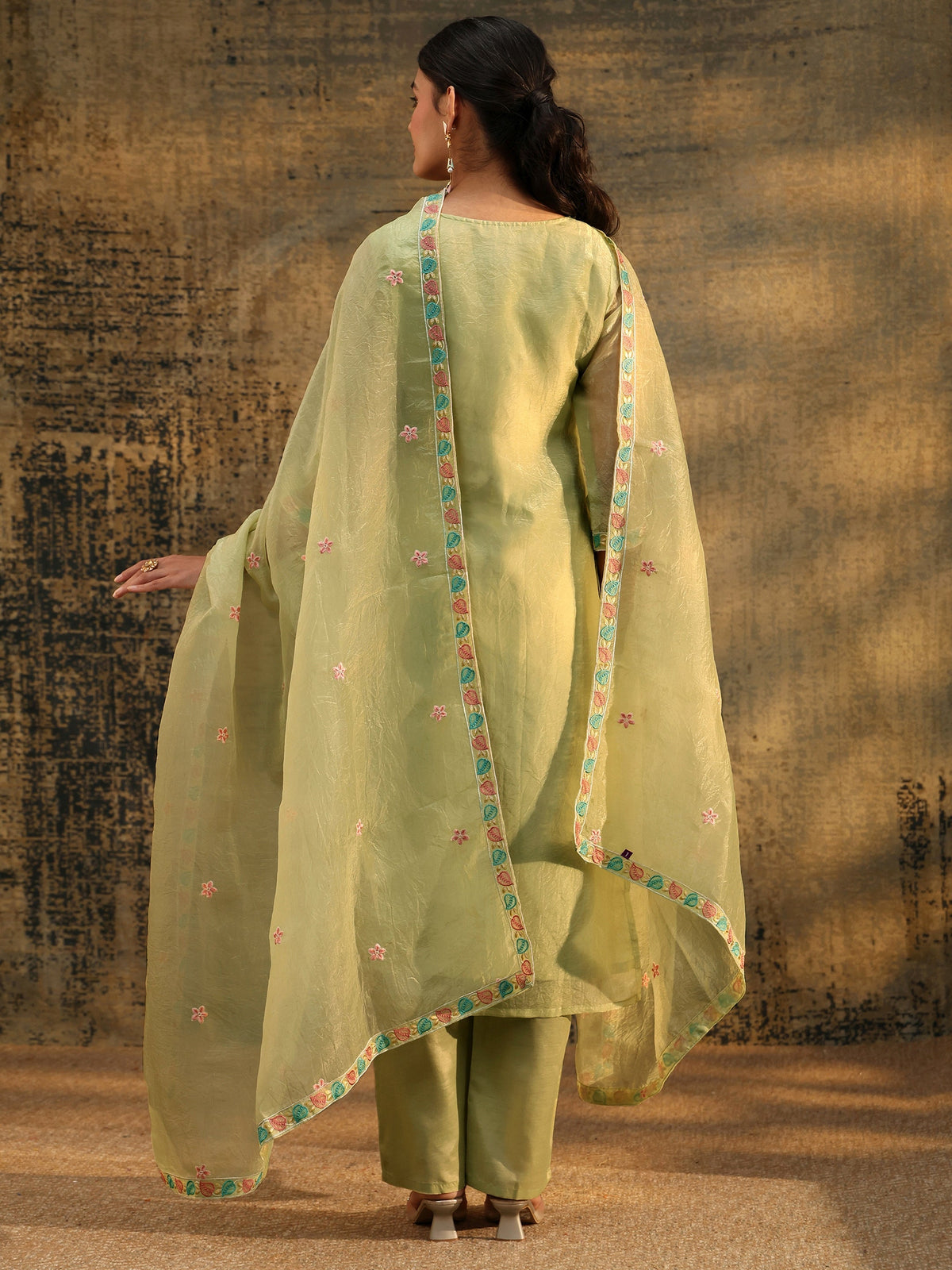 Anouk Light Olive Ethnic Embroidered Organza Straight Suit Set