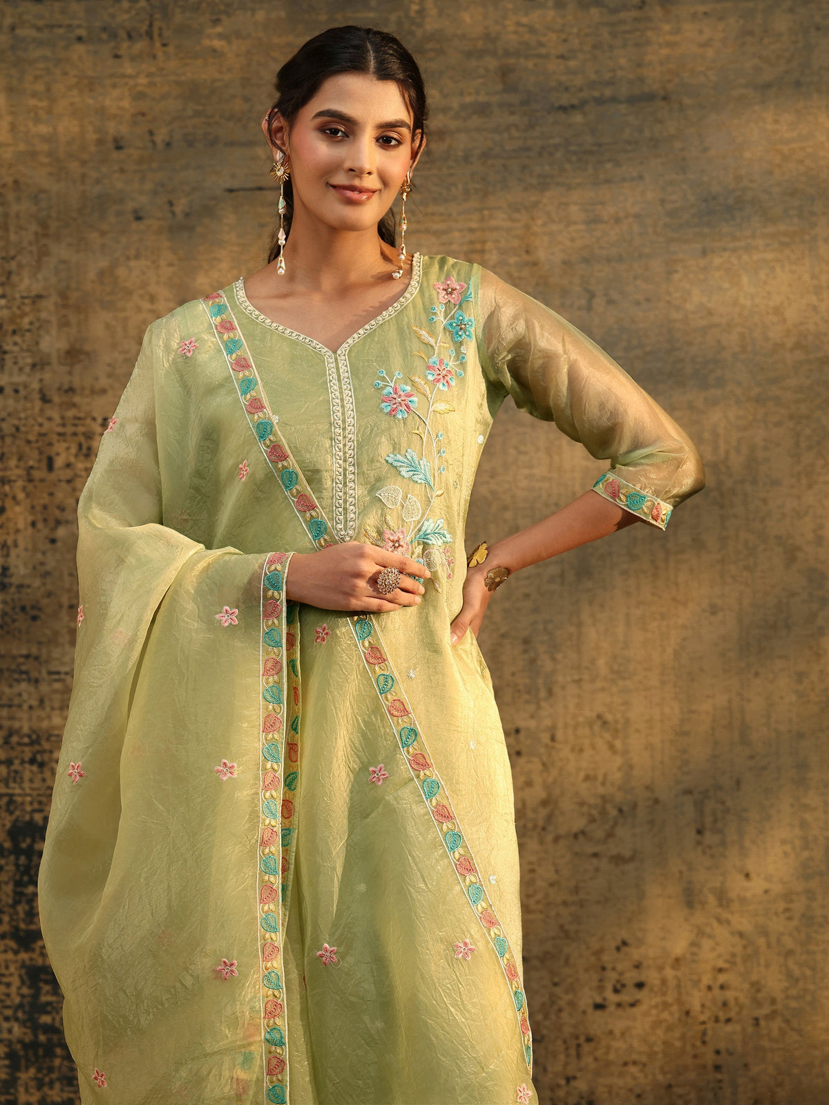 Anouk Light Olive Ethnic Embroidered Organza Straight Suit Set