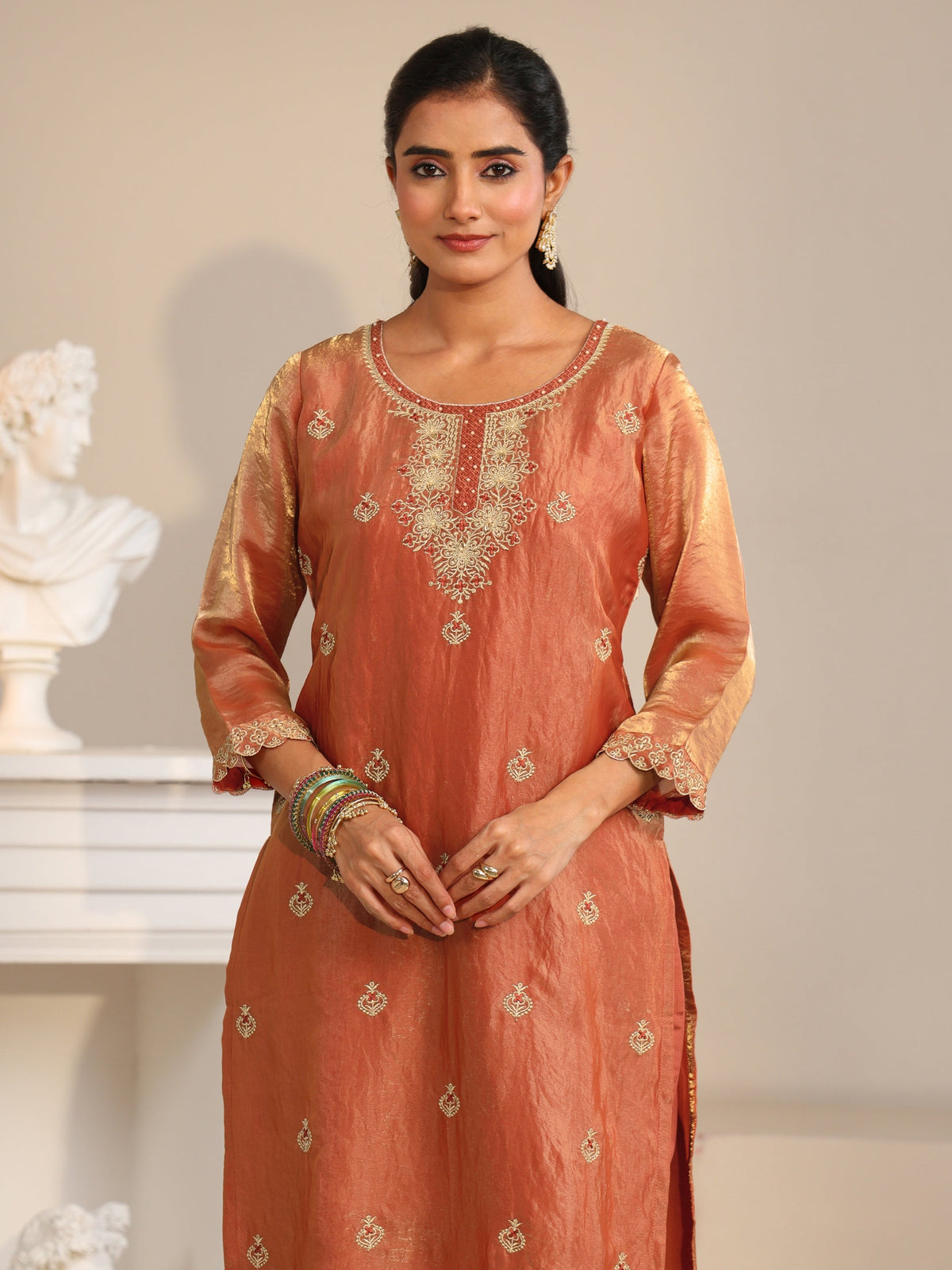 Anouk Rust Embroidered Organza Straight Suit Set