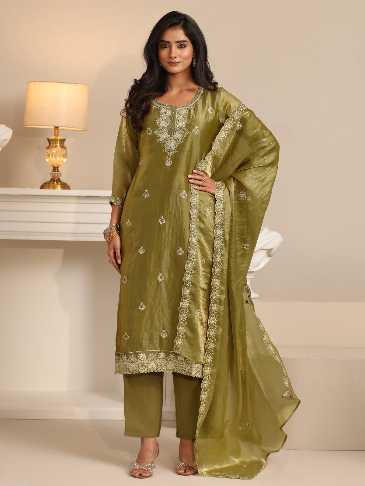 Anouk Henna Green Ethnic Embroidered Organza Straight Suit Set