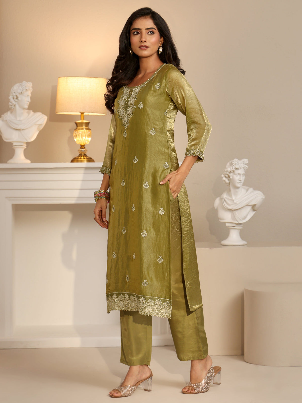 Anouk Henna Green Ethnic Embroidered Organza Straight Suit Set