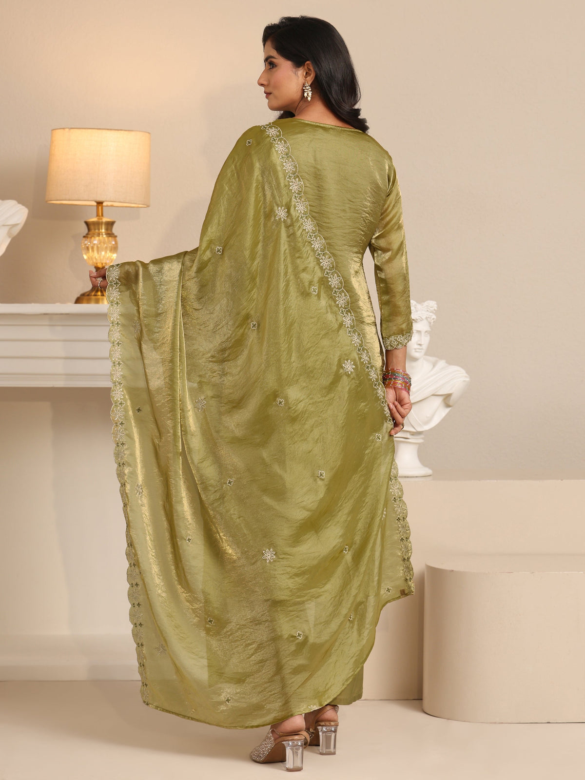 Anouk Henna Green Ethnic Embroidered Organza Straight Suit Set