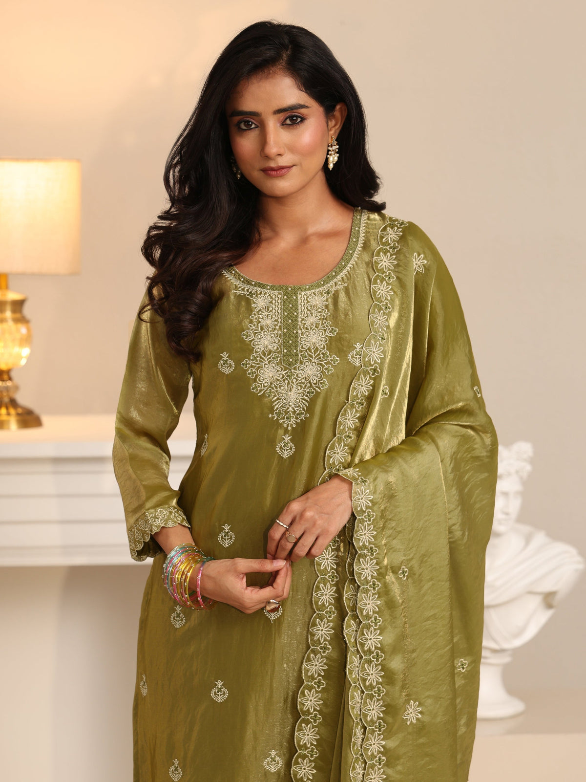 Anouk Henna Green Ethnic Embroidered Organza Straight Suit Set