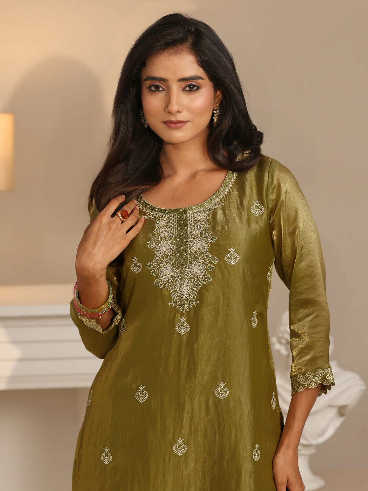 Anouk Henna Green Ethnic Embroidered Organza Straight Suit Set