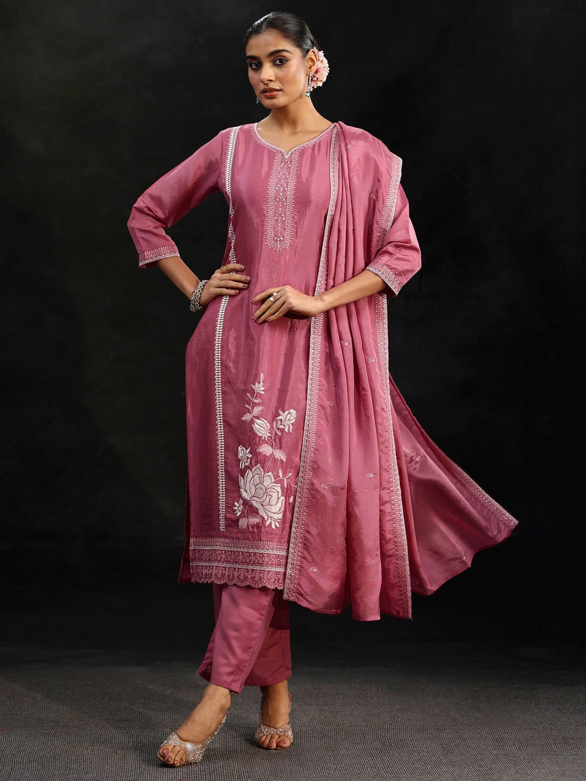 Anouk Pink Floral Embroidered Organza Straight Suit Set