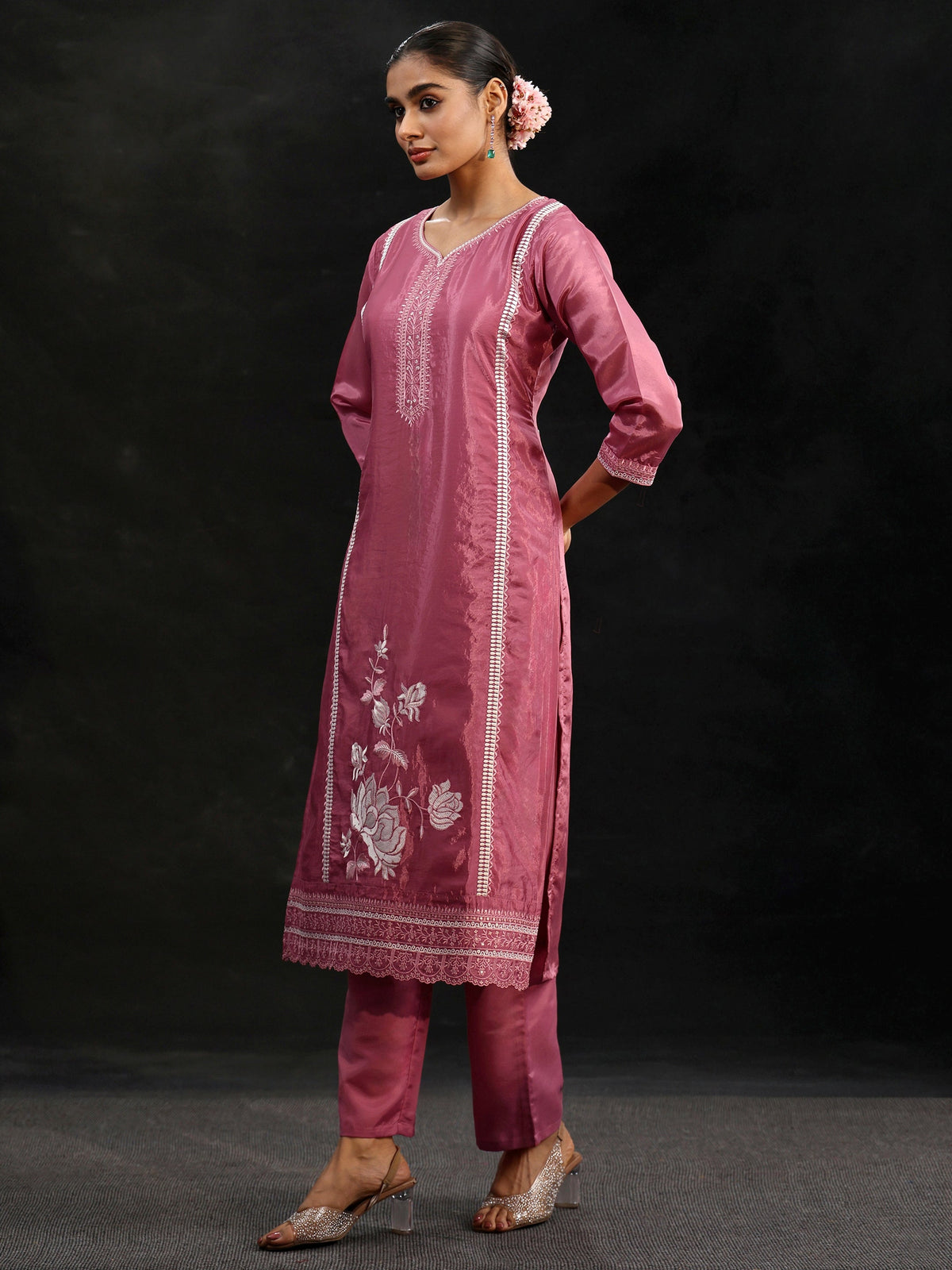Anouk Pink Floral Embroidered Organza Straight Suit Set