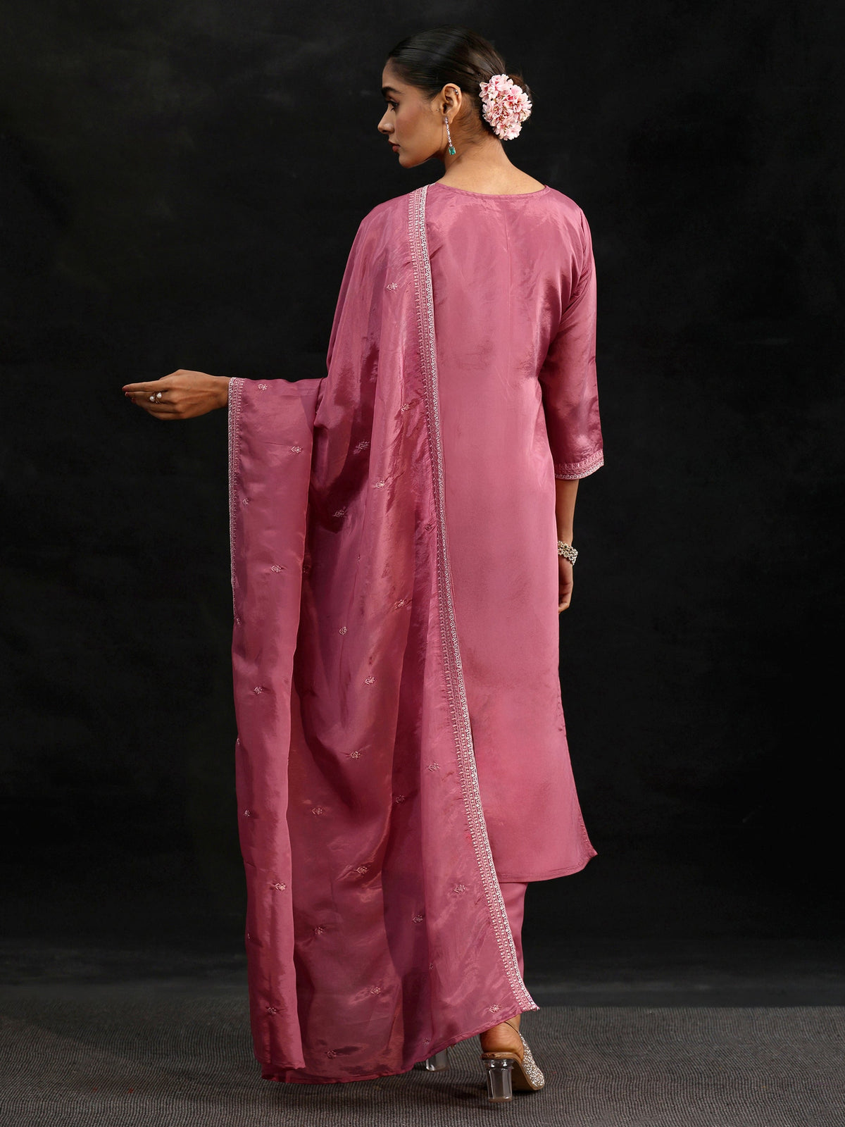 Anouk Pink Floral Embroidered Organza Straight Suit Set