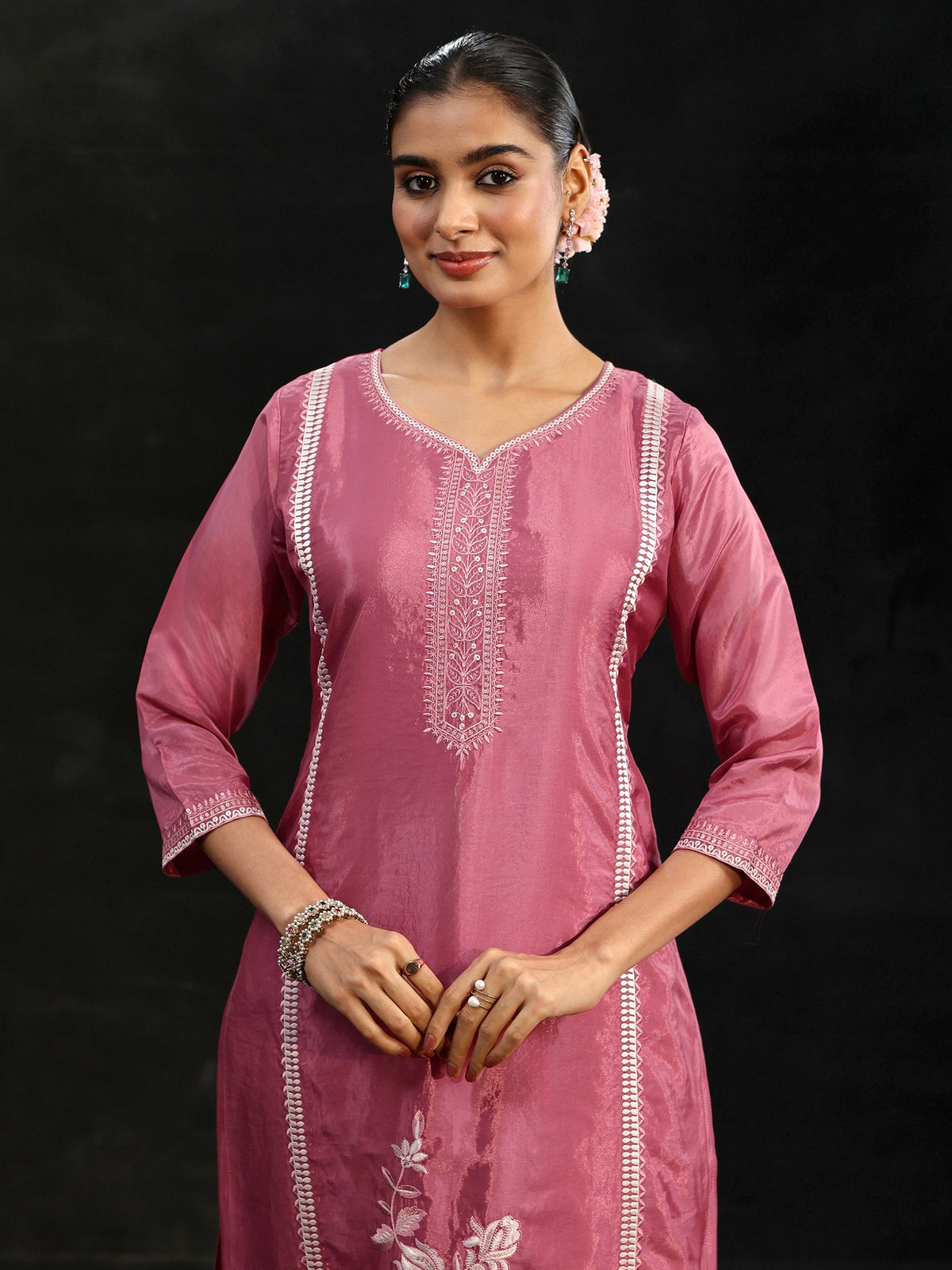 Anouk Pink Floral Embroidered Organza Straight Suit Set