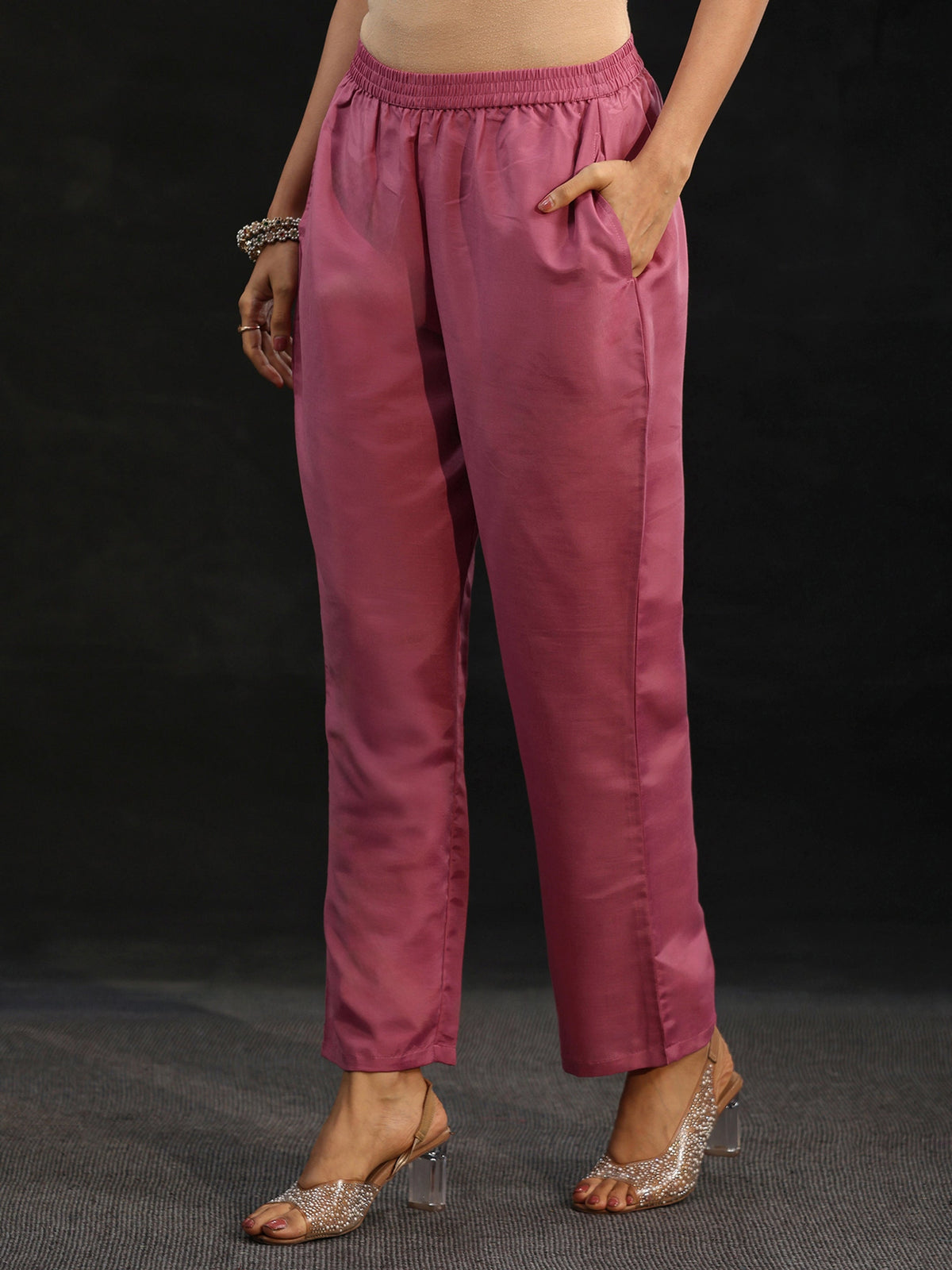 Anouk Pink Floral Embroidered Organza Straight Suit Set