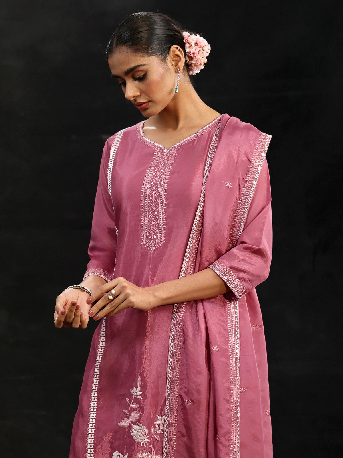 Anouk Pink Floral Embroidered Organza Straight Suit Set