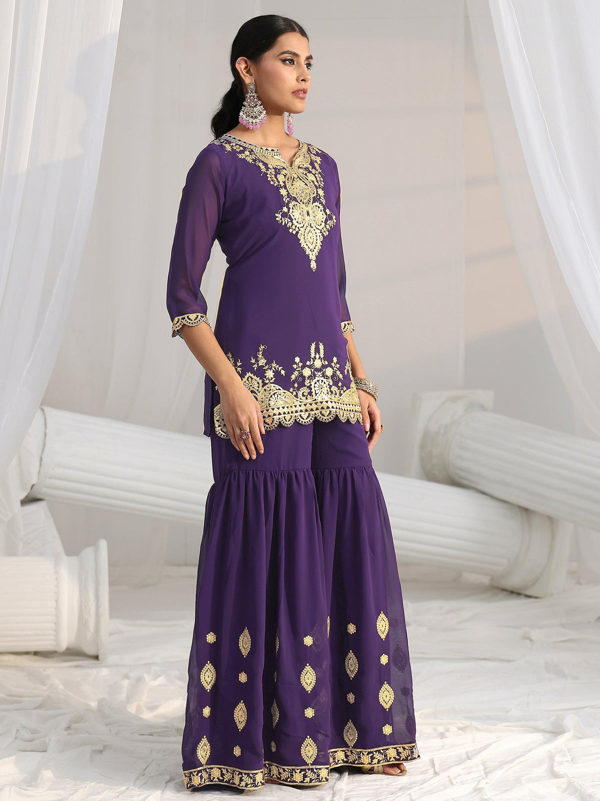 Anouk Imperial Purple Ethnic Embroidered Sharara Suit Set