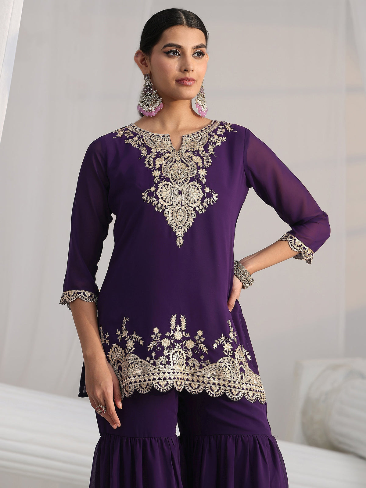 Anouk Imperial Purple Ethnic Embroidered Sharara Suit Set