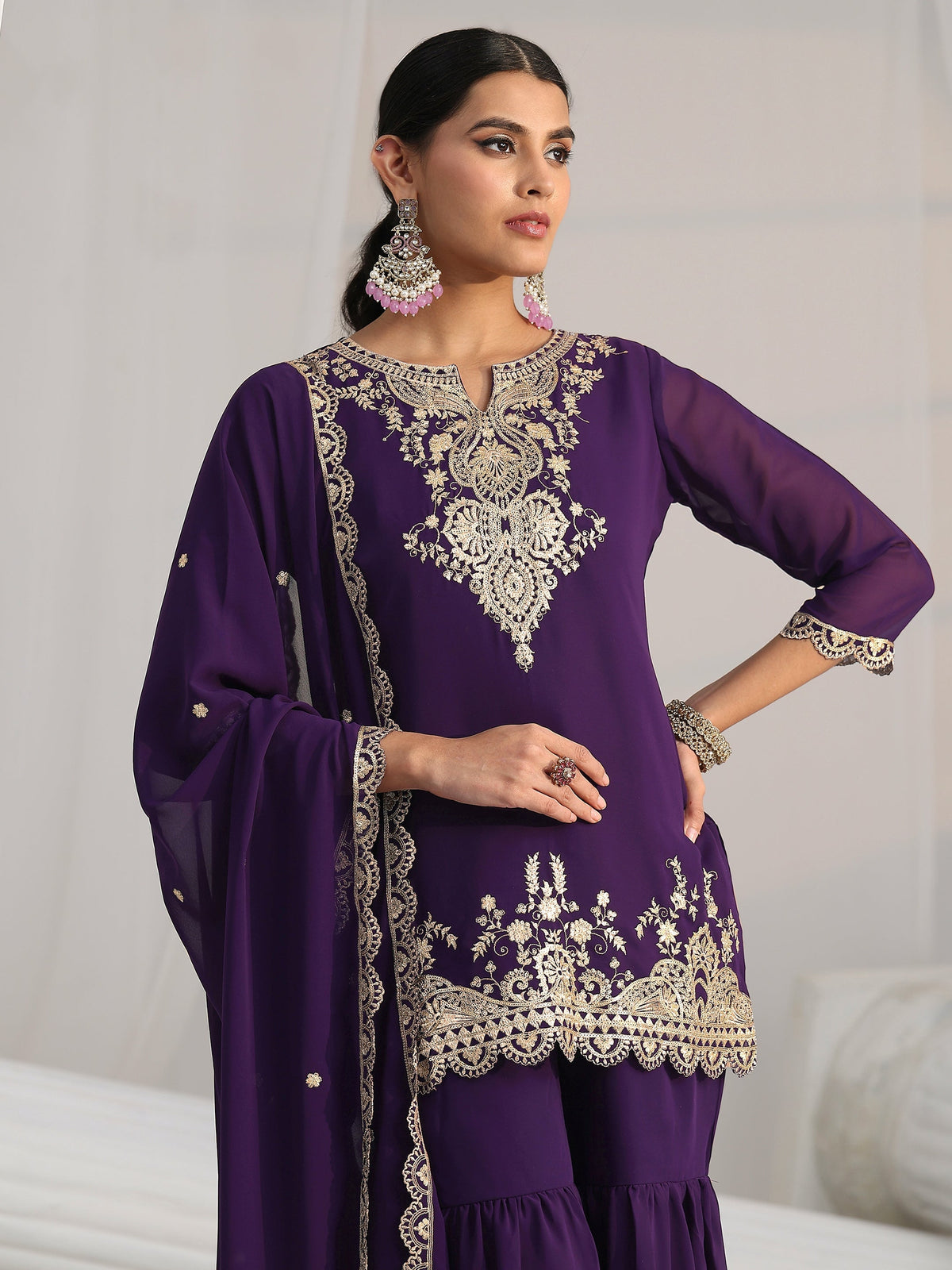 Anouk Imperial Purple Ethnic Embroidered Sharara Suit Set