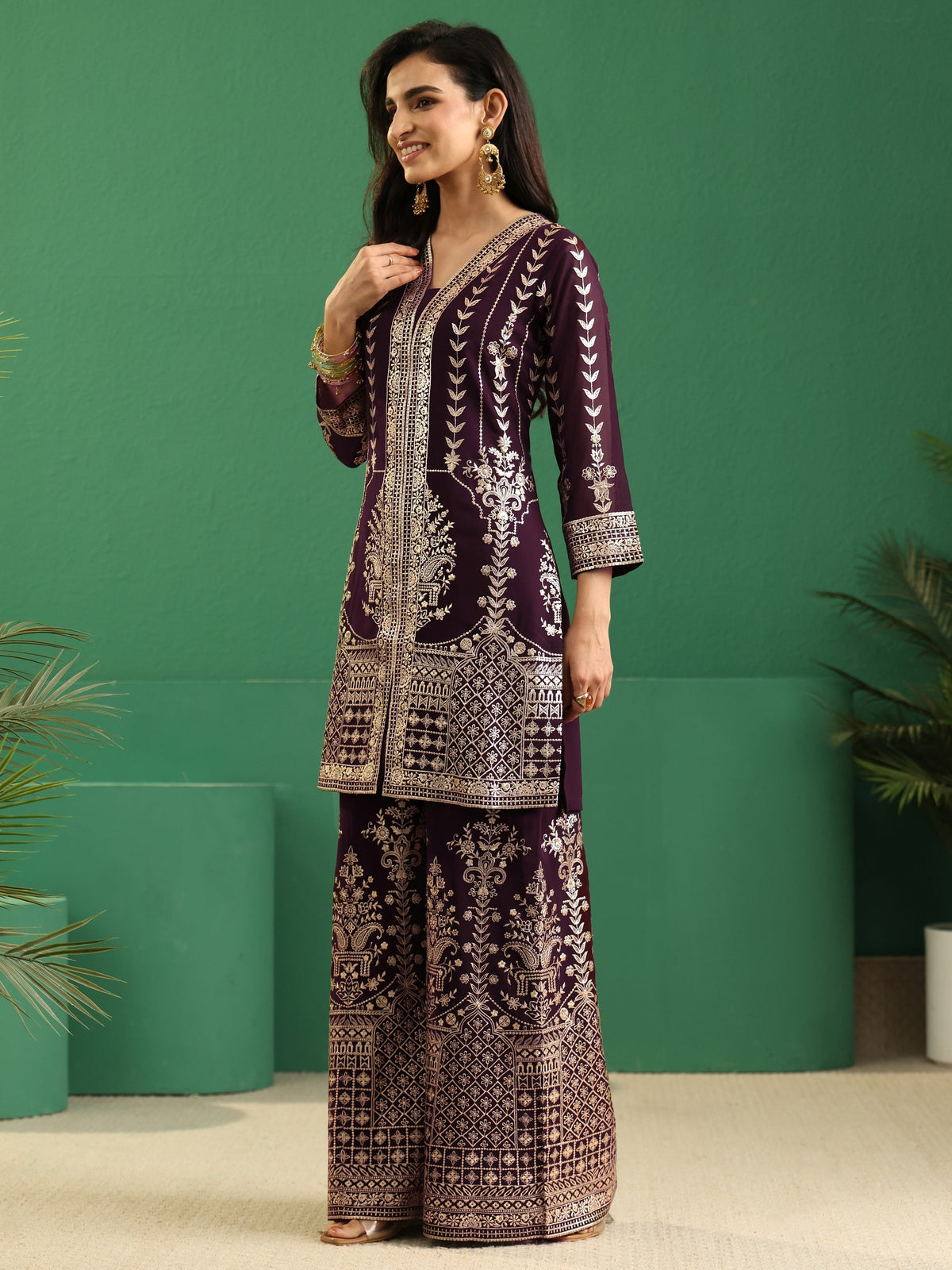 Anouk Art Burgundy Embellished Georgette Palazzo Suit Set