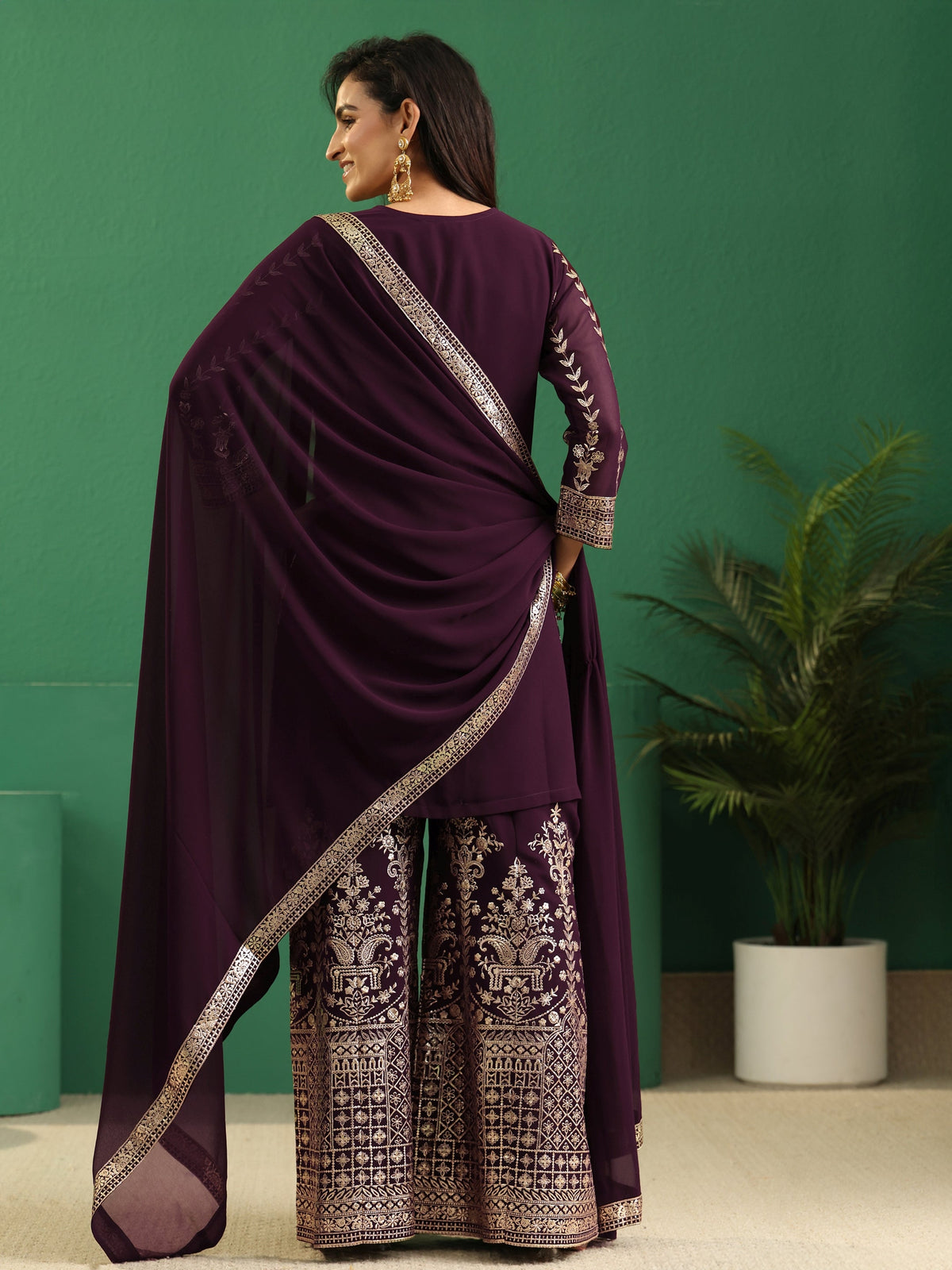 Anouk Art Burgundy Embellished Georgette Palazzo Suit Set