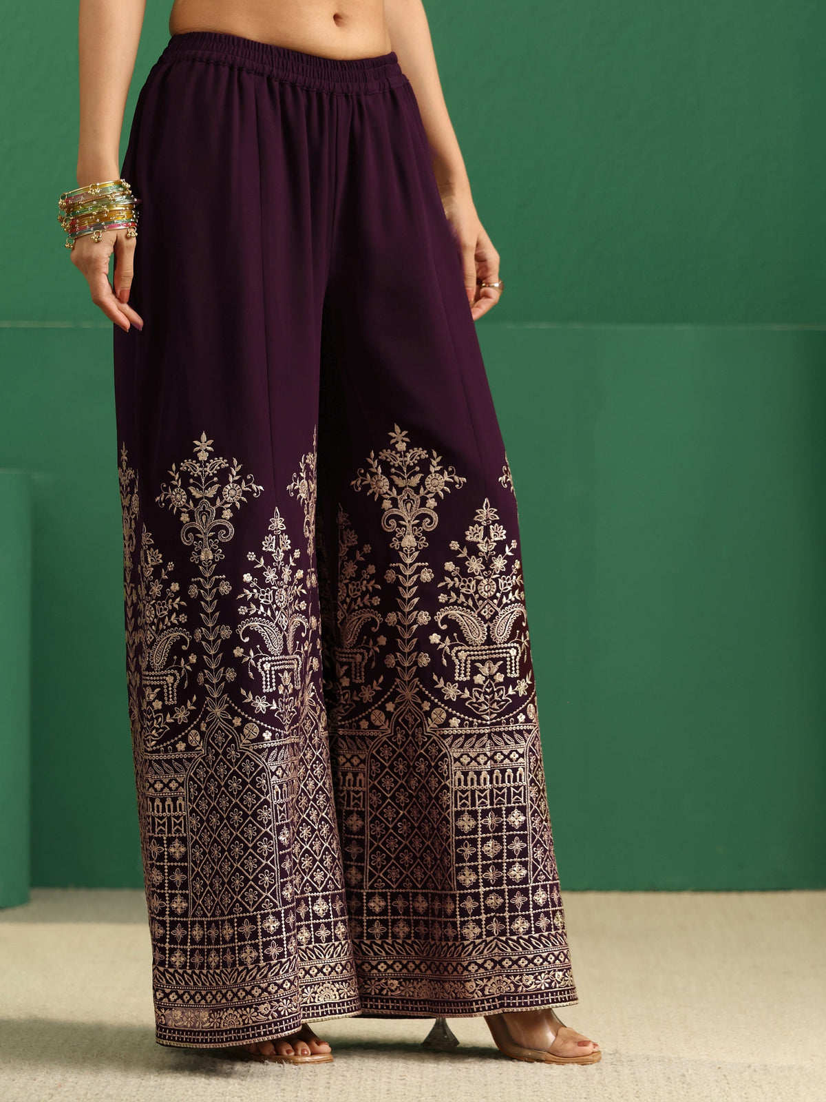 Anouk Art Burgundy Embellished Georgette Palazzo Suit Set