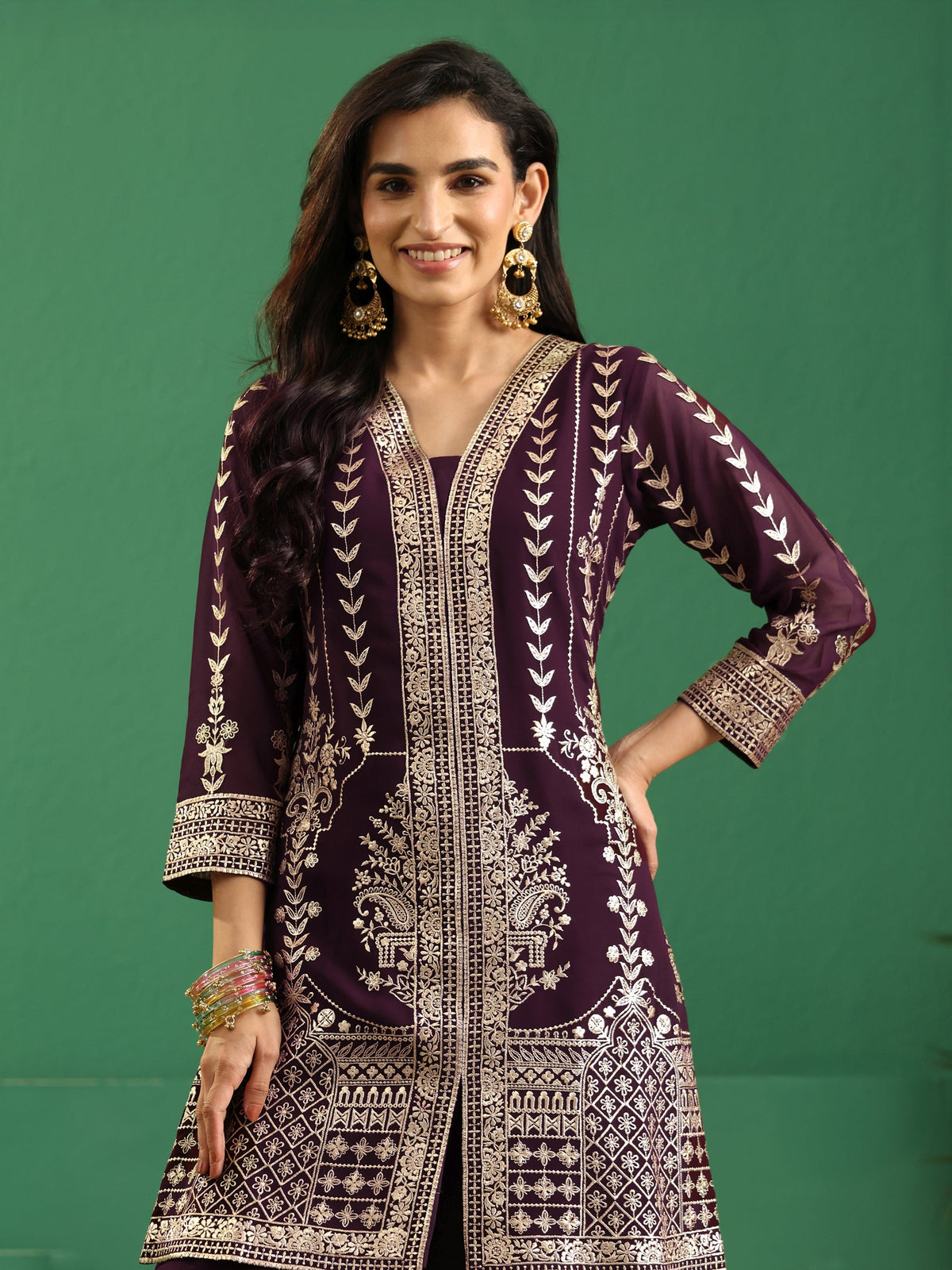 Anouk Art Burgundy Embellished Georgette Palazzo Suit Set