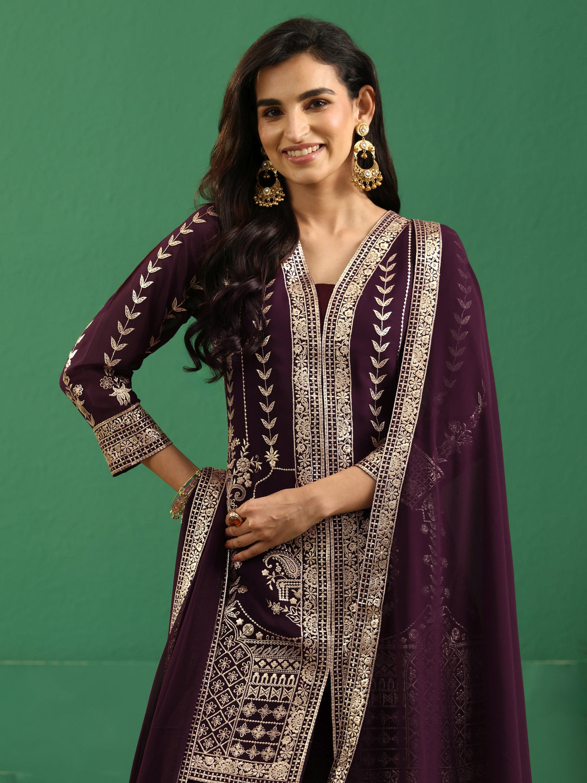 Anouk Art Burgundy Embellished Georgette Palazzo Suit Set