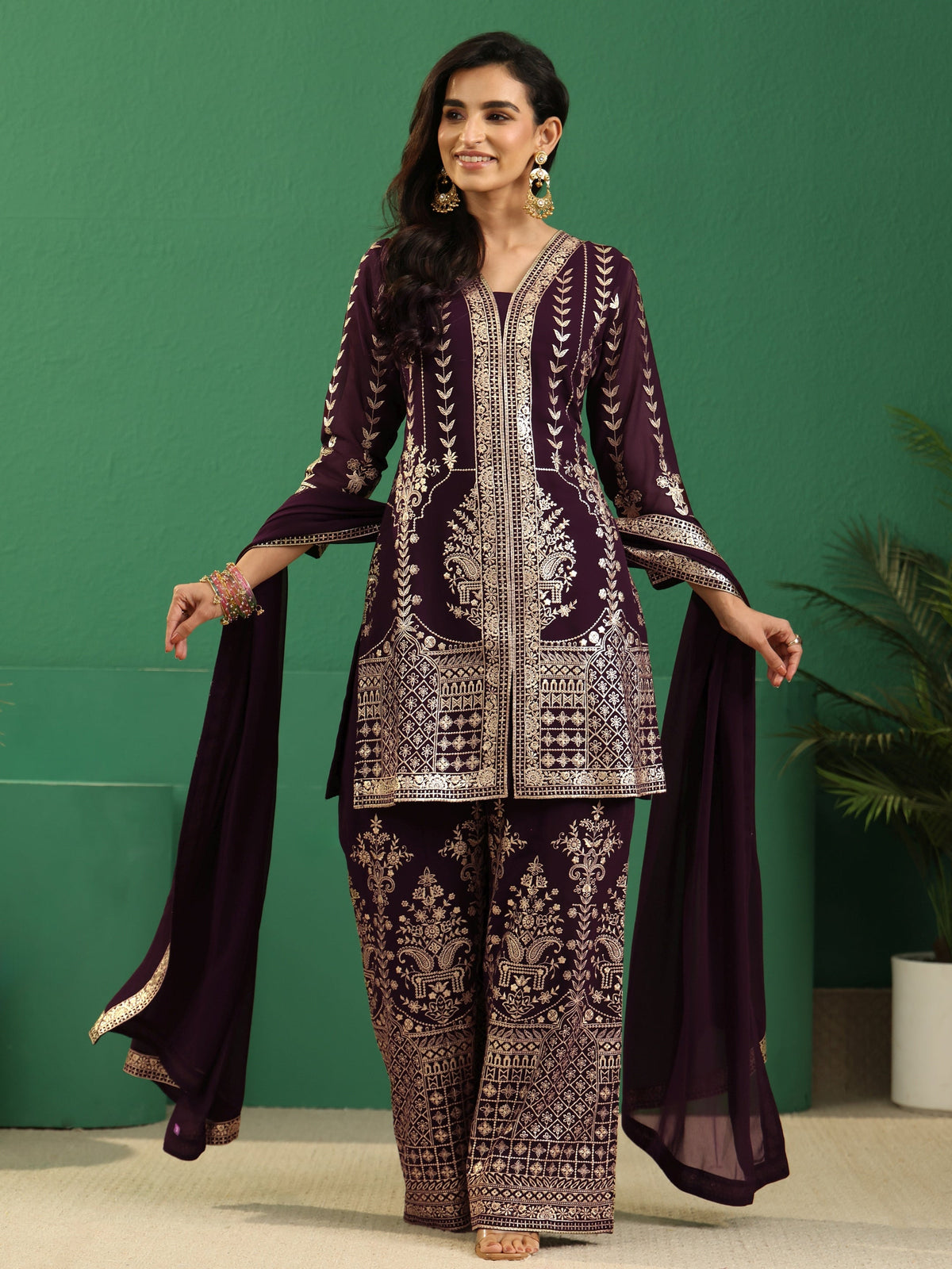 Anouk Art Burgundy Embellished Georgette Palazzo Suit Set
