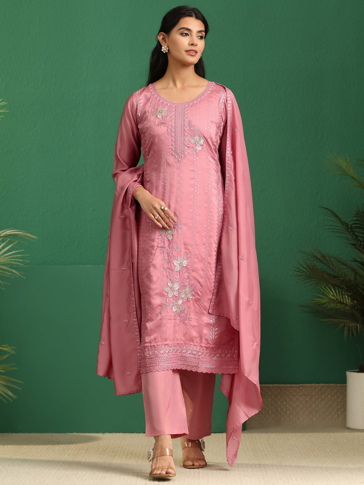 Anouk Dusty Rose Pink Floral Embroidered Organza Straight Suit Set
