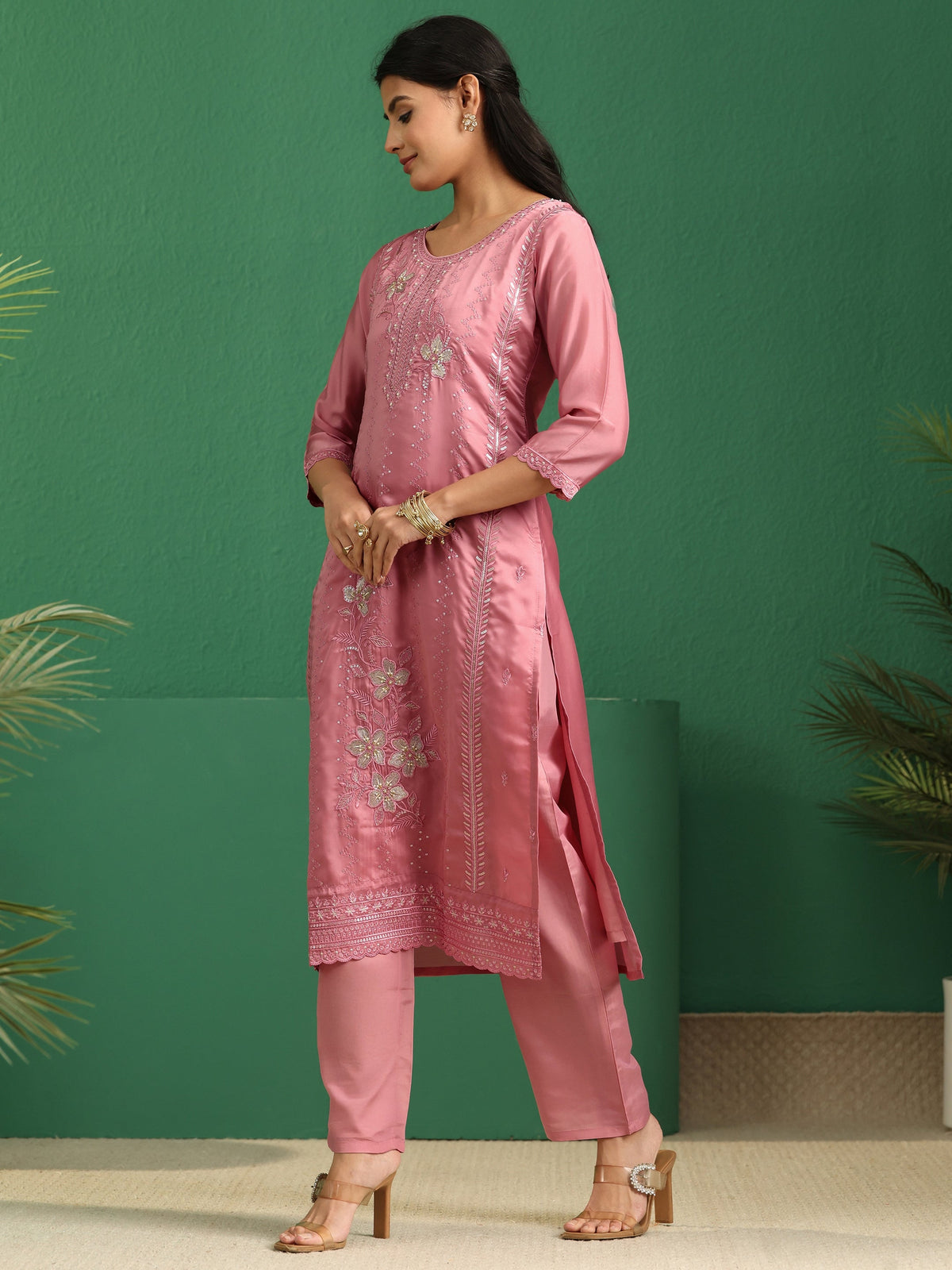 Anouk Dusty Rose Pink Floral Embroidered Organza Straight Suit Set