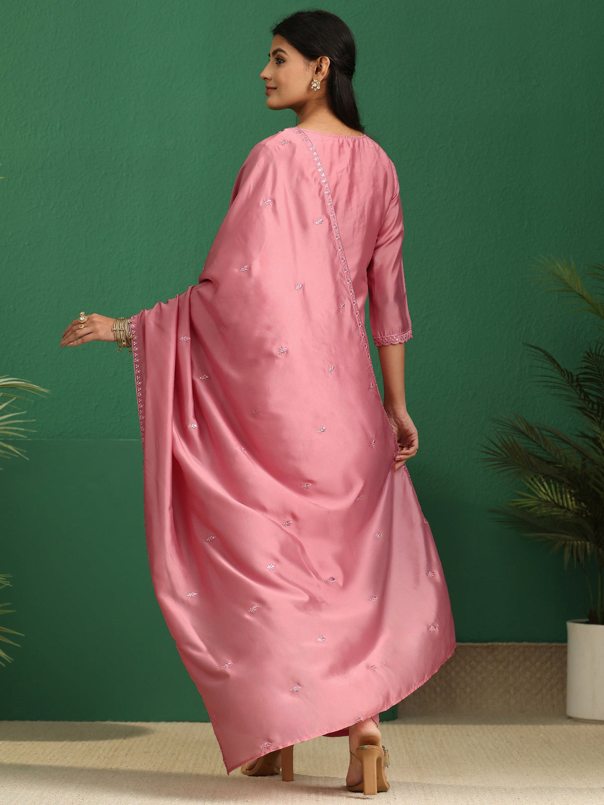 Anouk Dusty Rose Pink Floral Embroidered Organza Straight Suit Set
