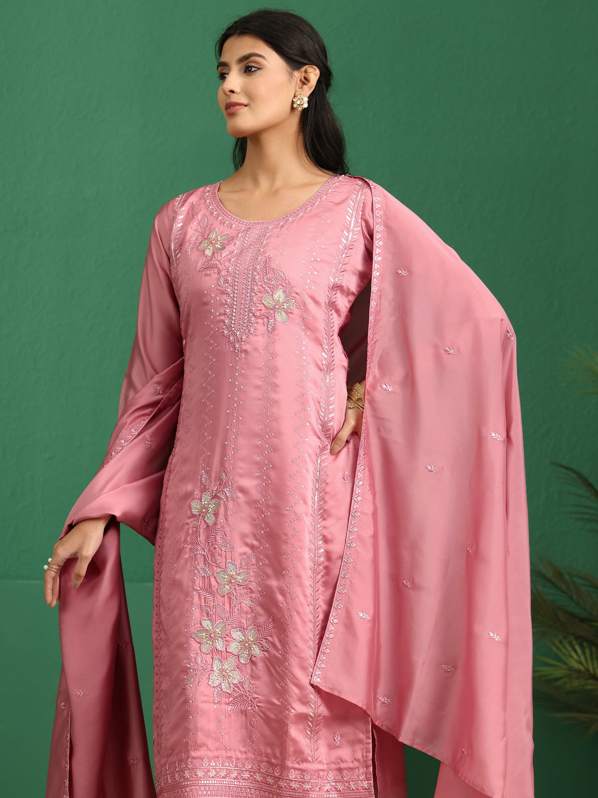 Anouk Dusty Rose Pink Floral Embroidered Organza Straight Suit Set