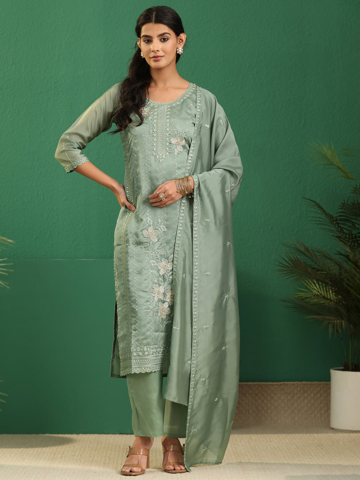 Anouk Sage Green Floral Embroidered Organza Straight Suit Set