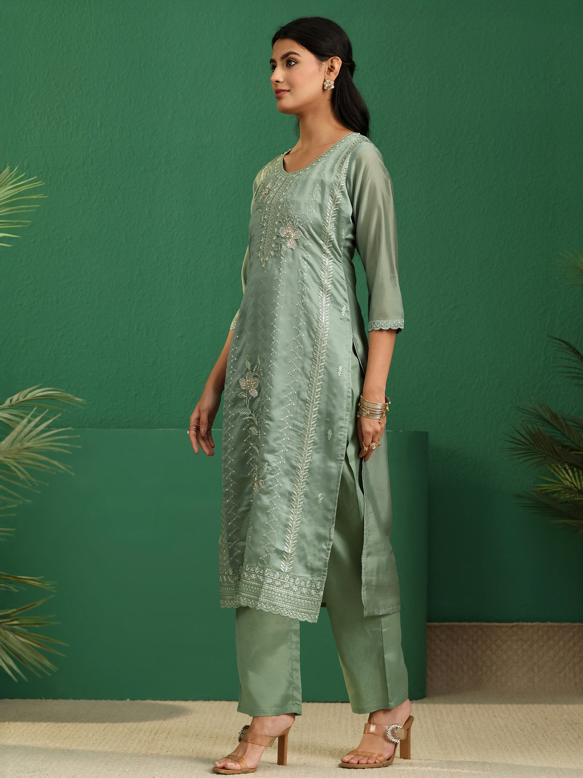 Anouk Sage Green Floral Embroidered Organza Straight Suit Set