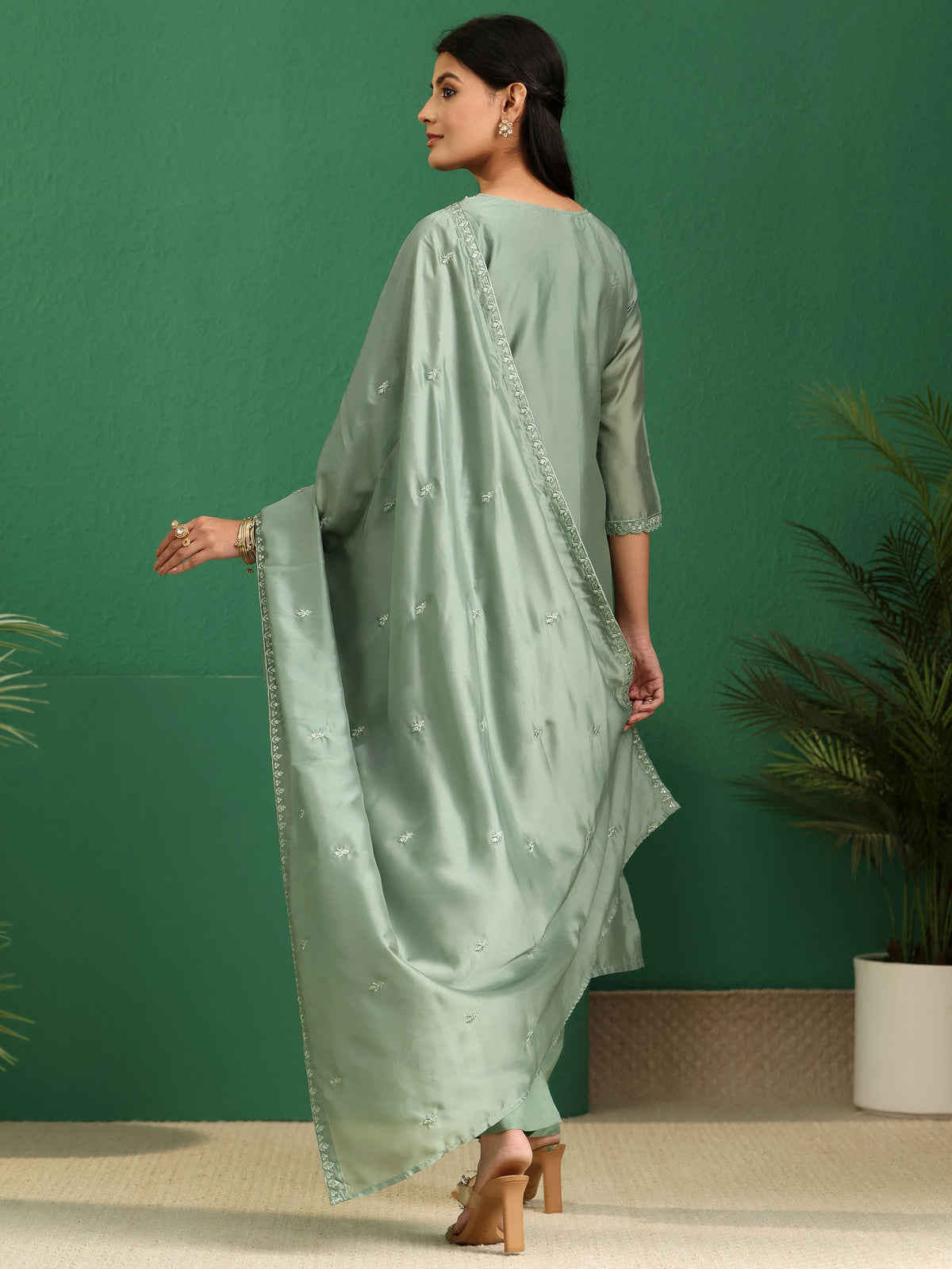 Anouk Sage Green Floral Embroidered Organza Straight Suit Set