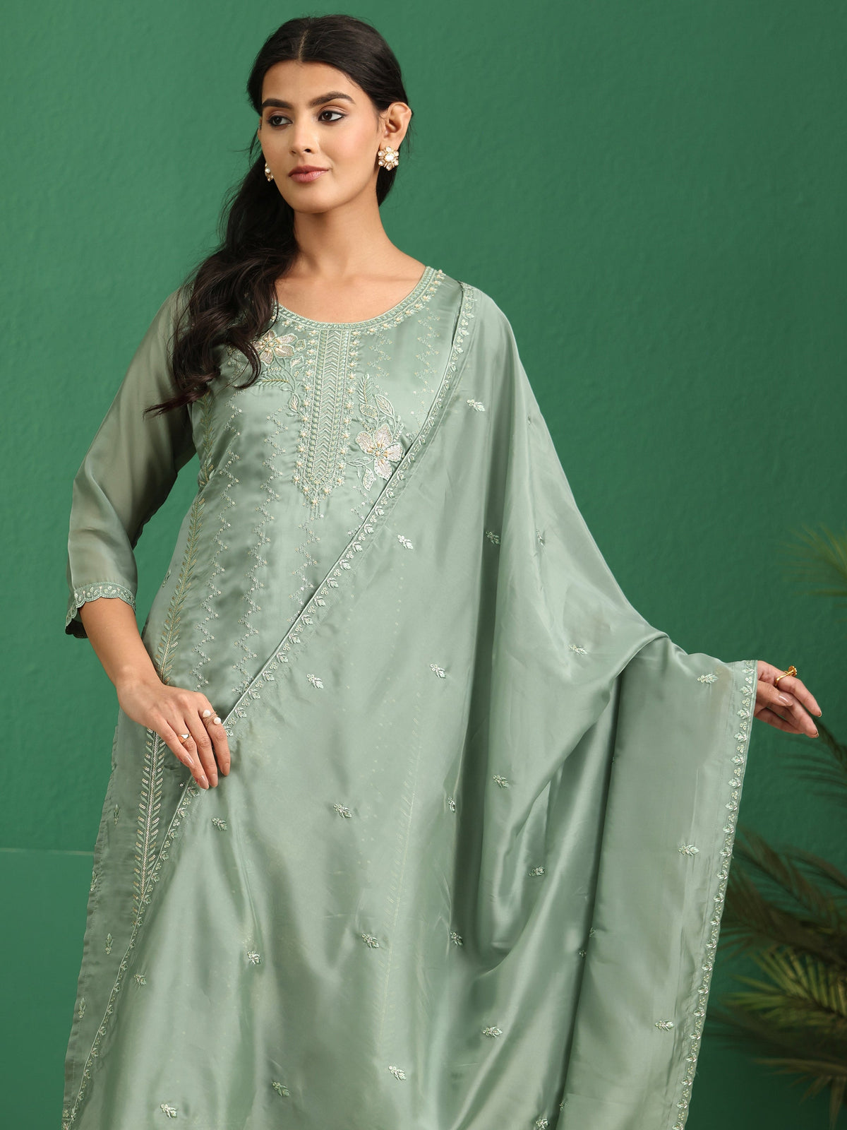 Anouk Sage Green Floral Embroidered Organza Straight Suit Set