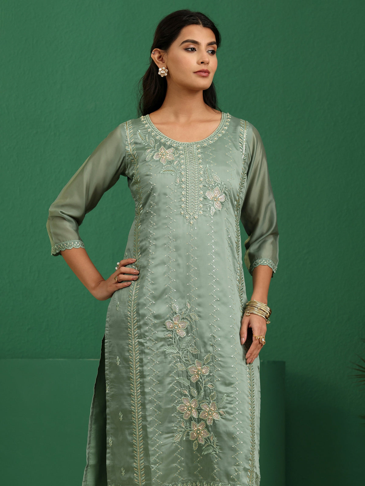 Anouk Sage Green Floral Embroidered Organza Straight Suit Set