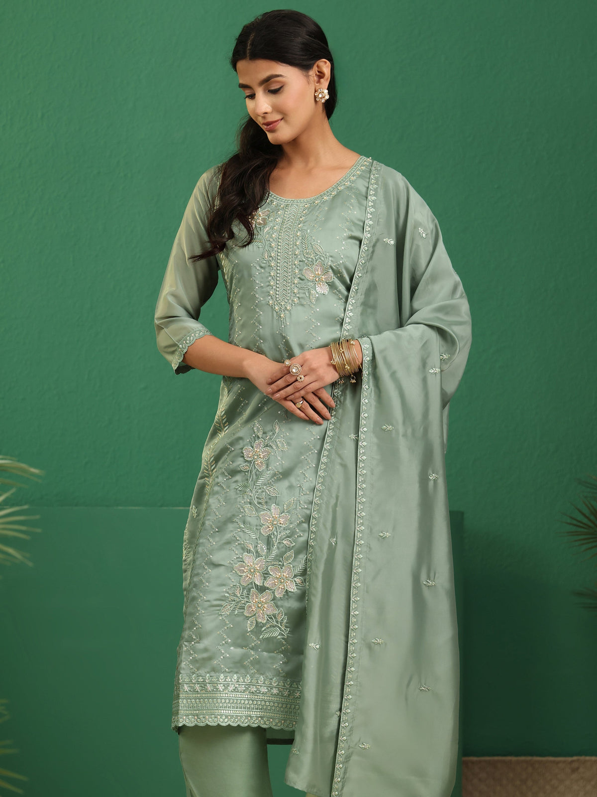 Anouk Sage Green Floral Embroidered Organza Straight Suit Set