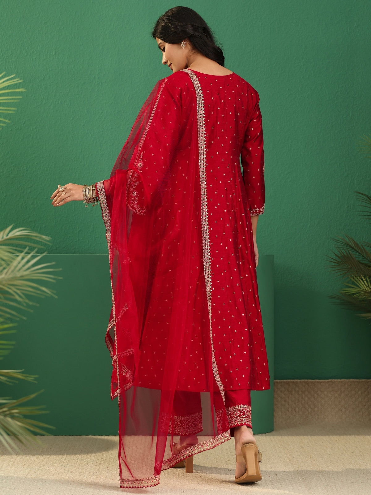 Anouk Crimson Red Woven Design Silk Blend Anarakali Suit Set