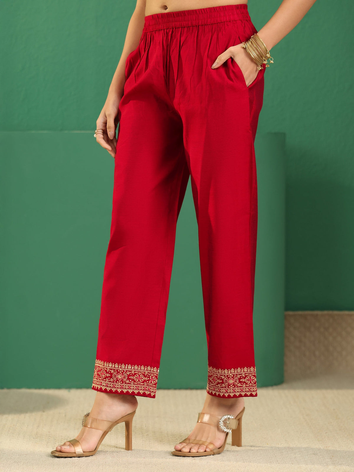 Anouk Crimson Red Woven Design Silk Blend Anarakali Suit Set