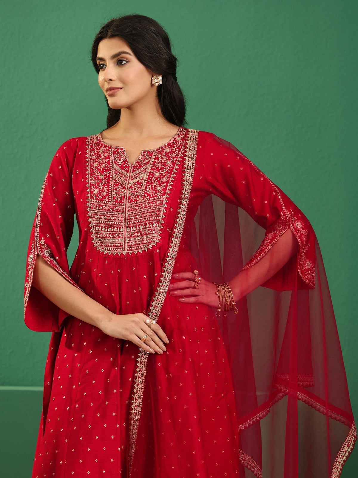 Anouk Crimson Red Woven Design Silk Blend Anarakali Suit Set