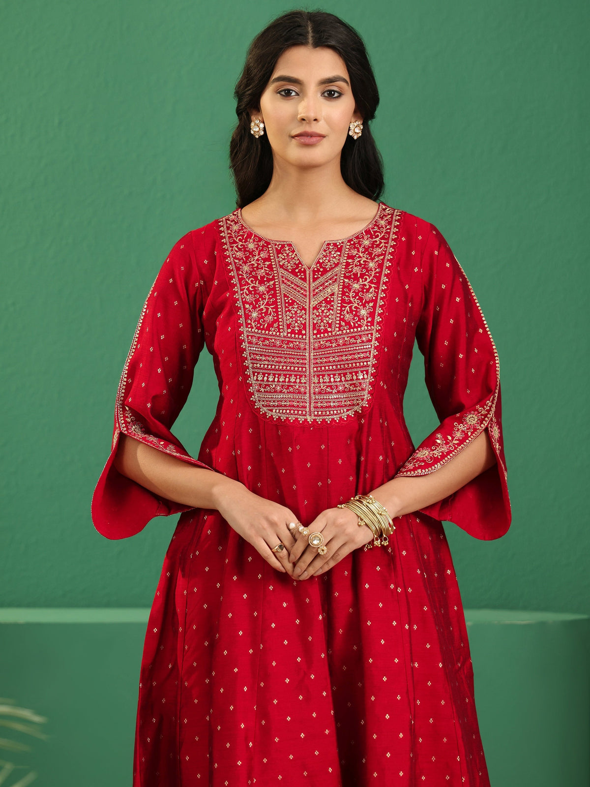 Anouk Crimson Red Woven Design Silk Blend Anarakali Suit Set