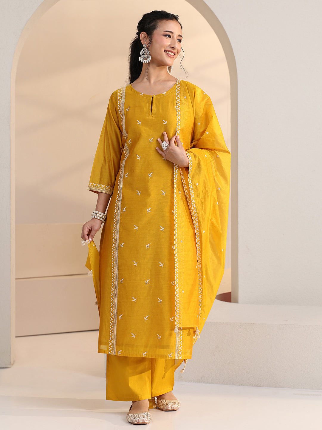 Anouk Yellow Floral Embroidered Chanderi Silk Straight Suit Set