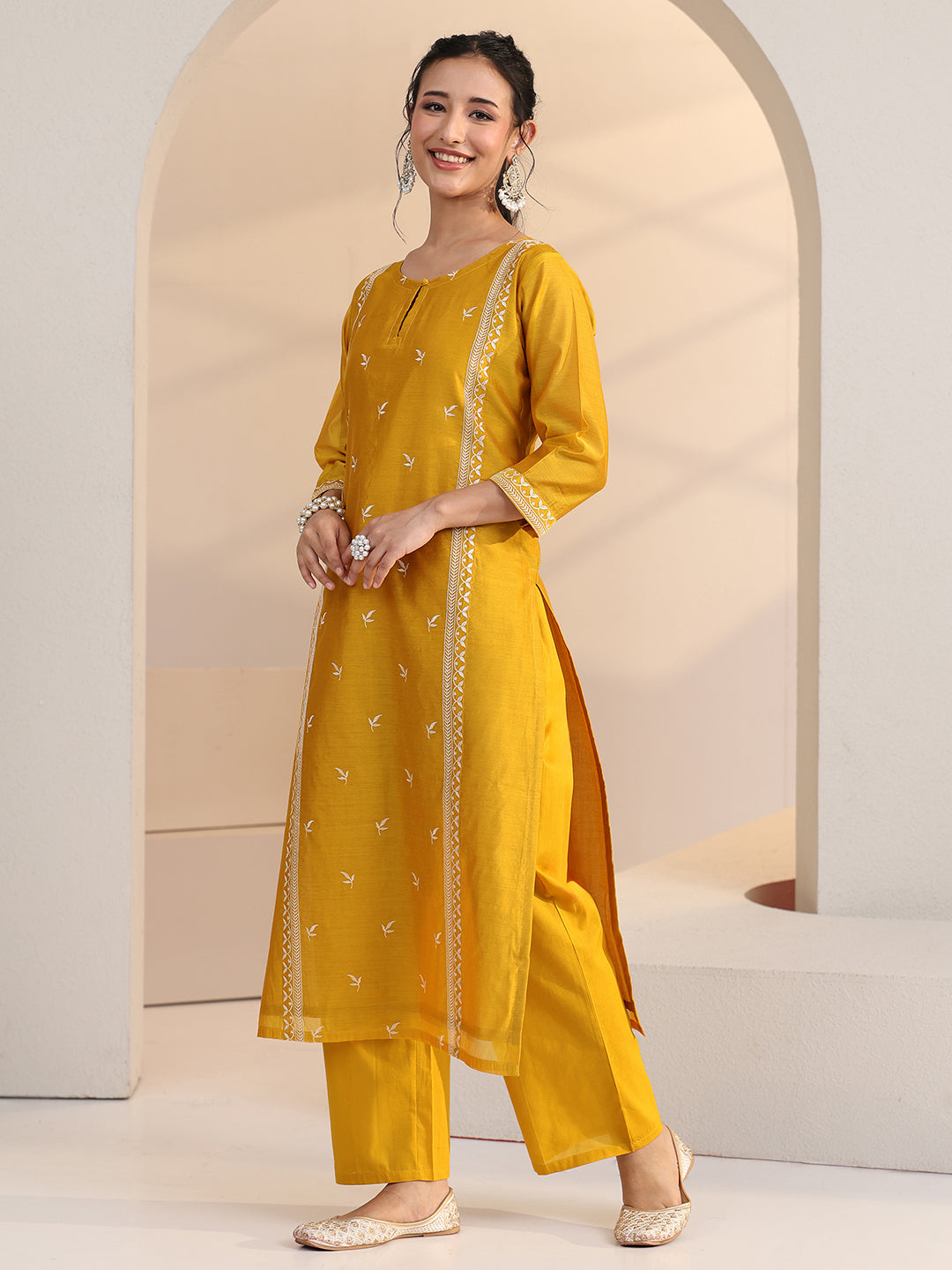Anouk Yellow Floral Embroidered Chanderi Silk Straight Suit Set