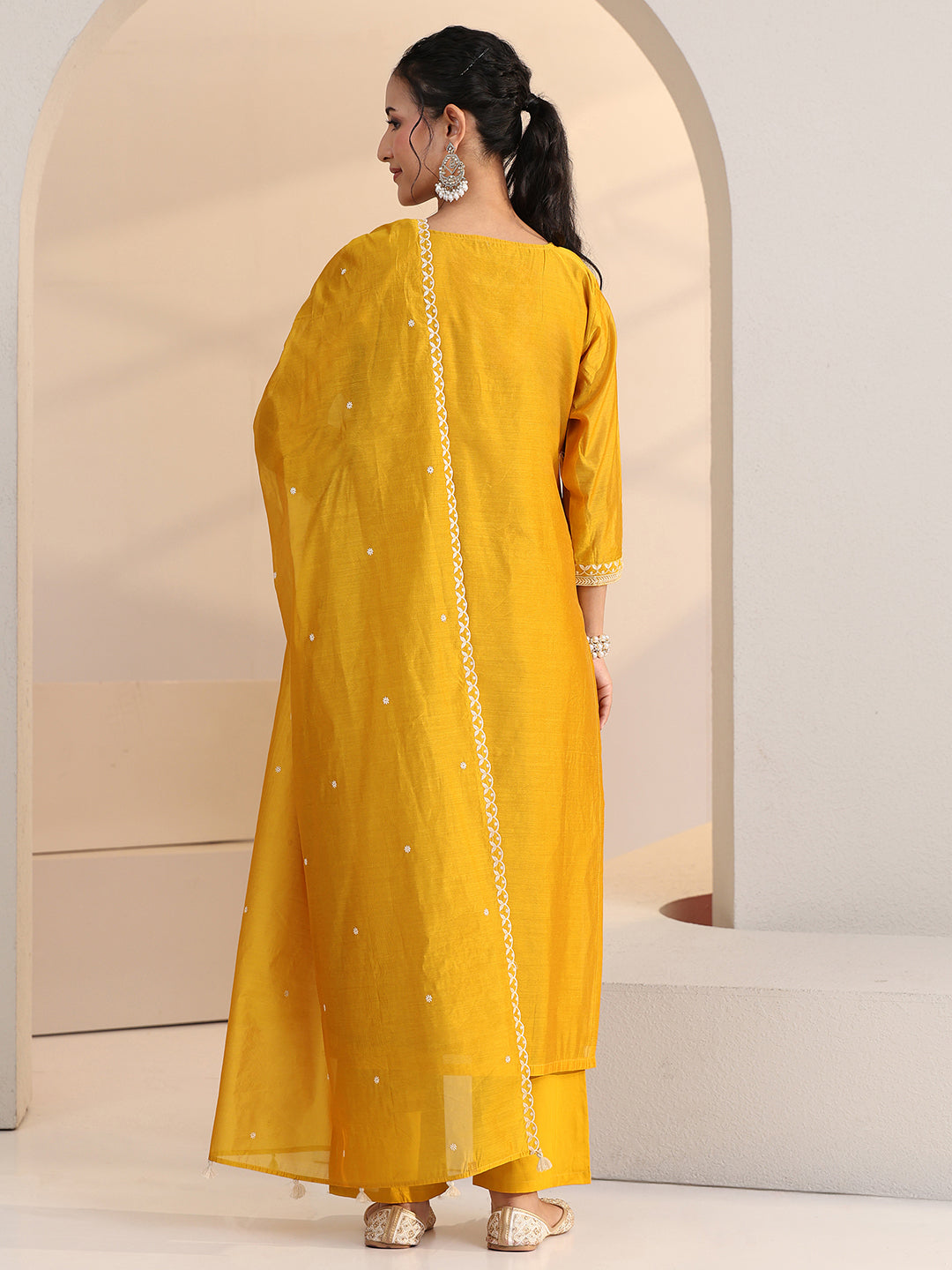 Anouk Yellow Floral Embroidered Chanderi Silk Straight Suit Set